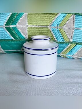Vtg Stoneware Butter Bell Crock White with Blue Stripes